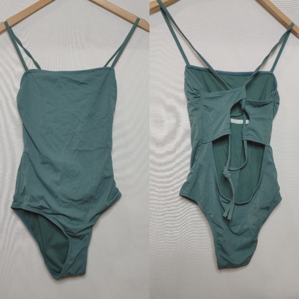 Hot Water Pine Green Ribbed One‎ Piece Swimsuit Square Neck Strappy Back Medium